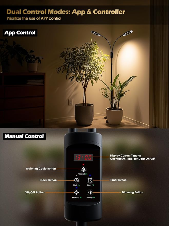 Smart Grow Lights for Indoor Plants,48W 2-Head Plant Light with Auto-Timer, Full Spectrum LED Grow