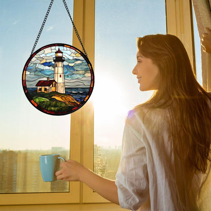 Stained Glass Window Hanging, Ocean Lighthouse Sun Catchers Glass Panel Blue Green Suncatcher Decor