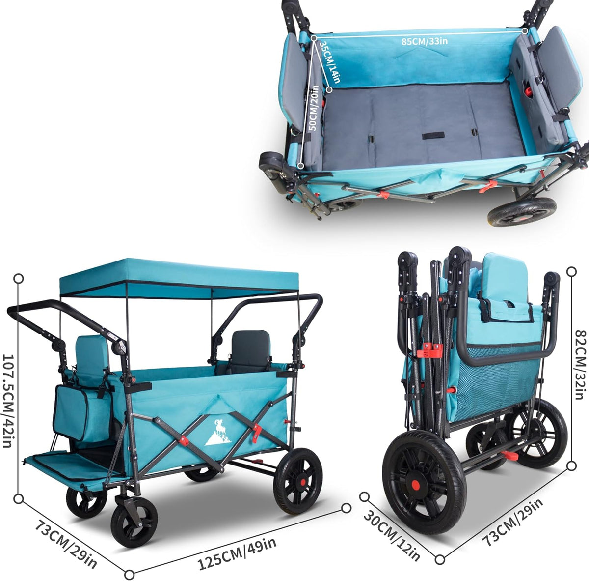 Foldable Wagon with Canopy - Collapsible Utility Cart with 2 Seats & Belts, Adjustable Handle