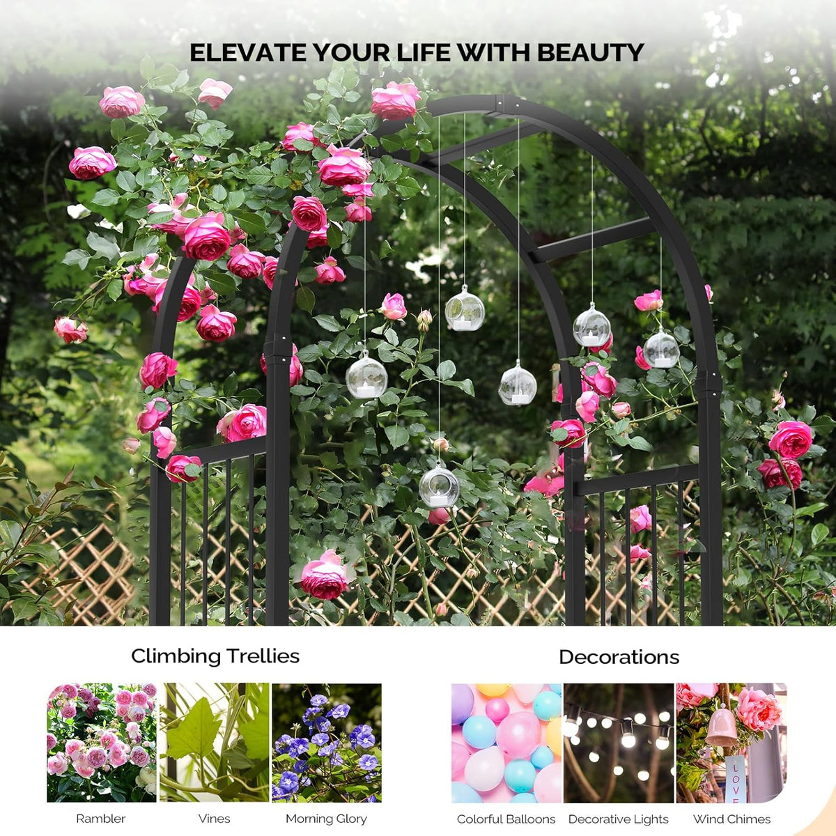 VINGLI Garden Arbor with Gate, PVC Frame Trellis Garden Arch for Plant Climbing, Vinyl Pergola