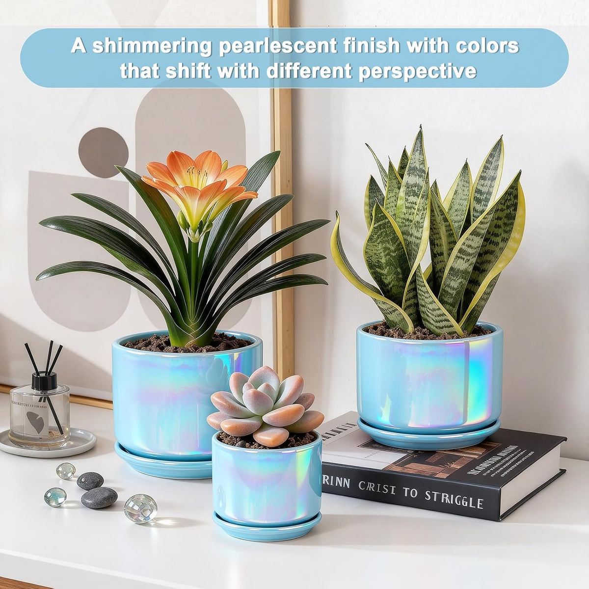 EFISPSS Ceramic Planter 4+5+6 Inch Ceramic Flower pots for Indoor Plants with Drainage,for