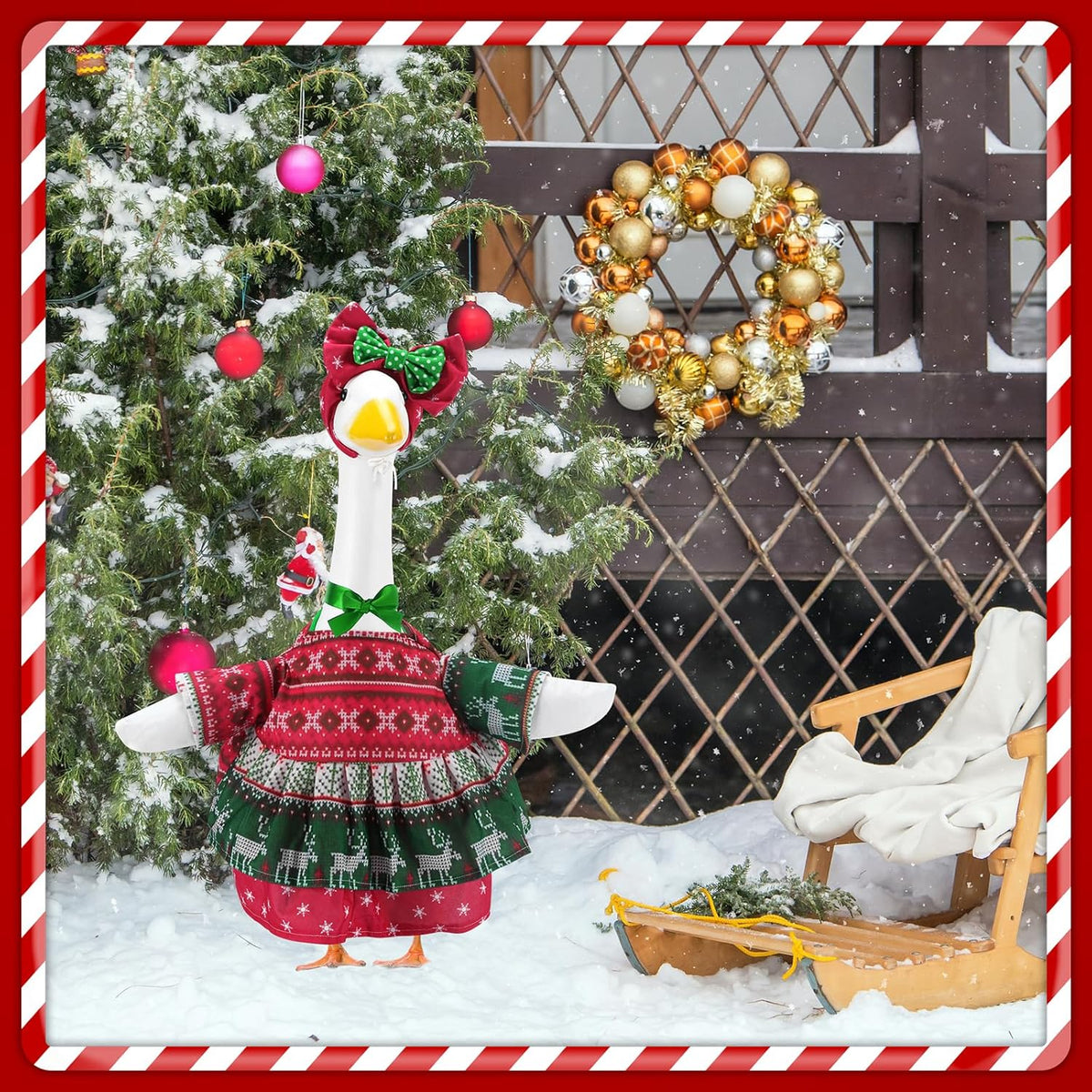 Christmas Porch Goose Outfits for 23 Inch Lawn Statue, Ugly Sweater Costume for Plastic/Cement