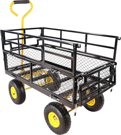 Heavy Duty Garden Wagon with Foldable Sides, Pneumatic Tires, Adjustable Handle (Yellow + Black