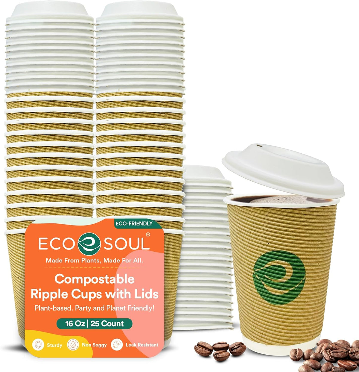 ECO SOUL 16oz Compostable Ripple Cups (25 Pack) – Biodegradable Paper Cups, Non-Toxic Disposable
