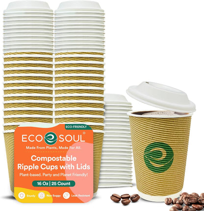 ECO SOUL 16oz Compostable Ripple Cups (25 Pack) – Biodegradable Paper Cups, Non-Toxic Disposable
