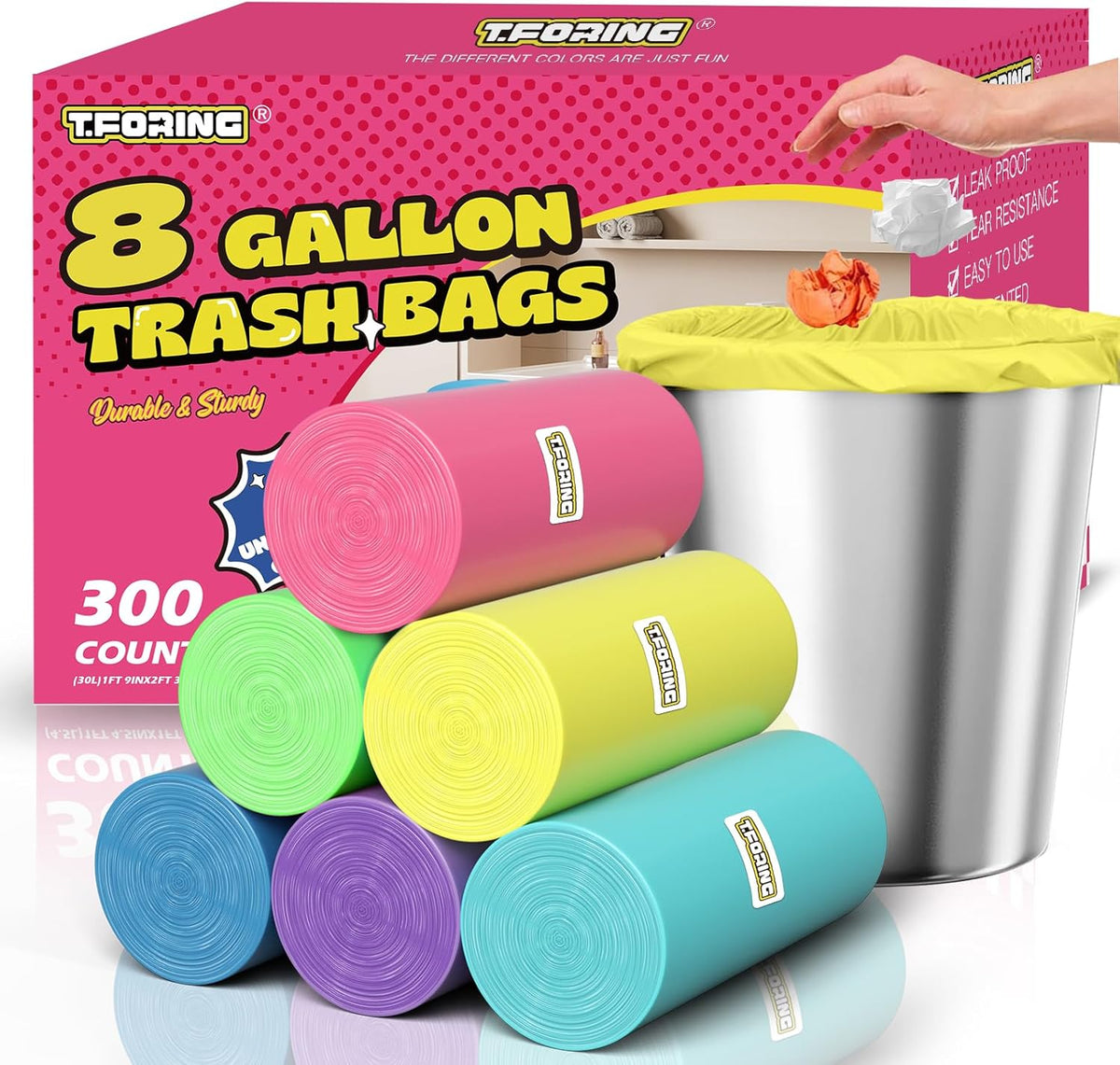 300 Count 8 Gallon Trash Bags - Heavy Duty Medium Garbage Bags 30 Liter Unscented 0.94 Mil Thick &