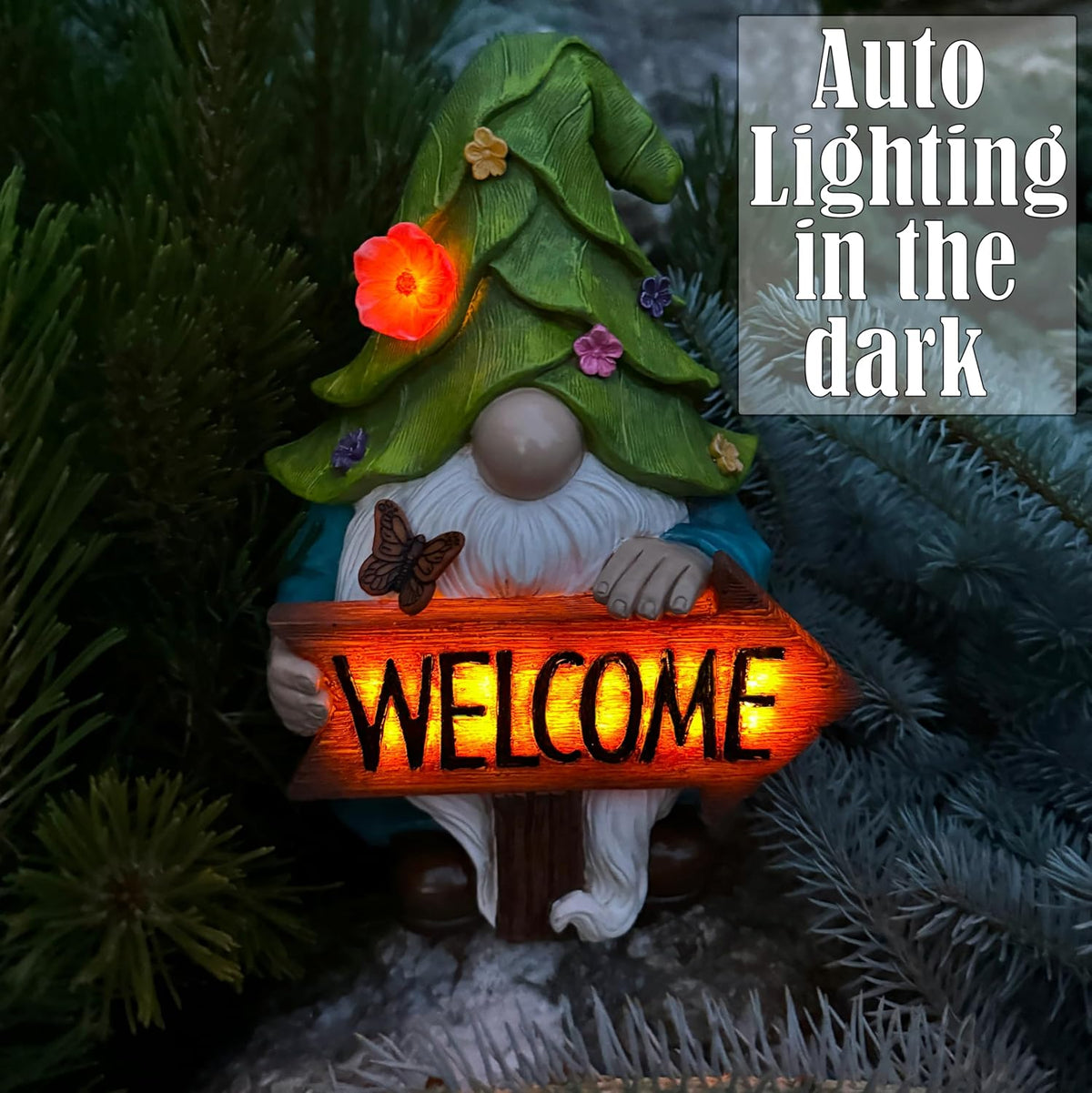 Mood Lab Garden Gnome - Solar Gnome Figurine with Welcome Sign - 9.1 Inch Decor Outdoor Lawn Statue
