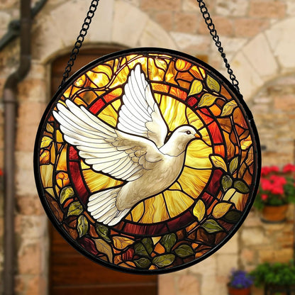 Stained Glass Window Hanging, Flying White Dove Sun Catchers Diamond Glass Panel Hangings Cute