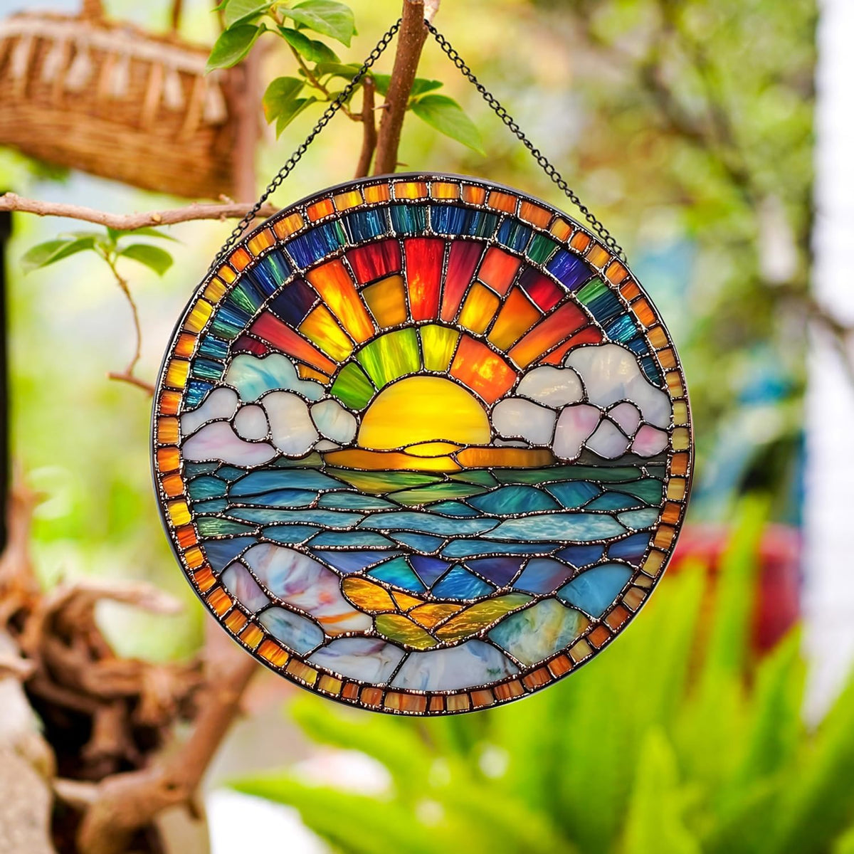 20cm/7.87inch Hanging Stained Glass for Windows,Sunrise Stained Glass Suncatcher Garden Hangings