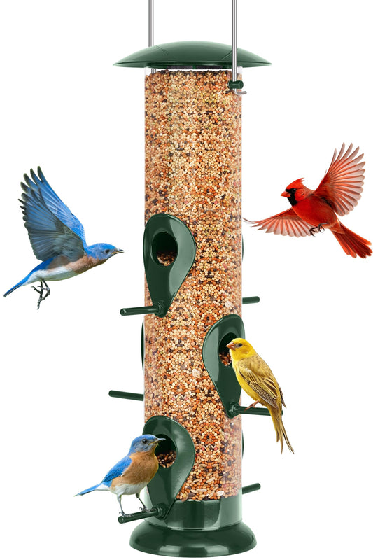 FEED GARDEN Metal Bird Feeder- 6 Port Tube Feeder for Outdoors with Metal Lid, Easy Fill & Clean