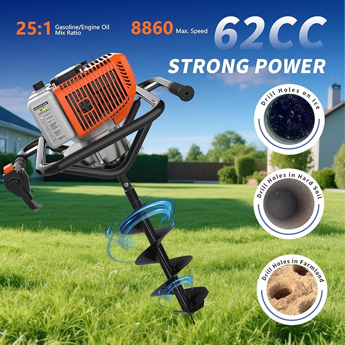 62cc 2-Stroke Auger Post Hole Digger with 2 Extension Rods & 6" & 8" Auger Bits - Gas Powered Earth