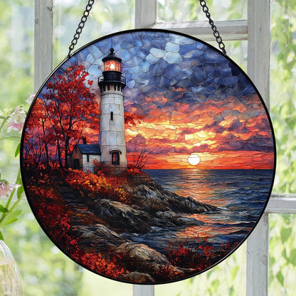 Coastal Lighthouse in Autumn Suncatcher -7.9 in Stained Glass Window Hanging Sun Catcher Garden