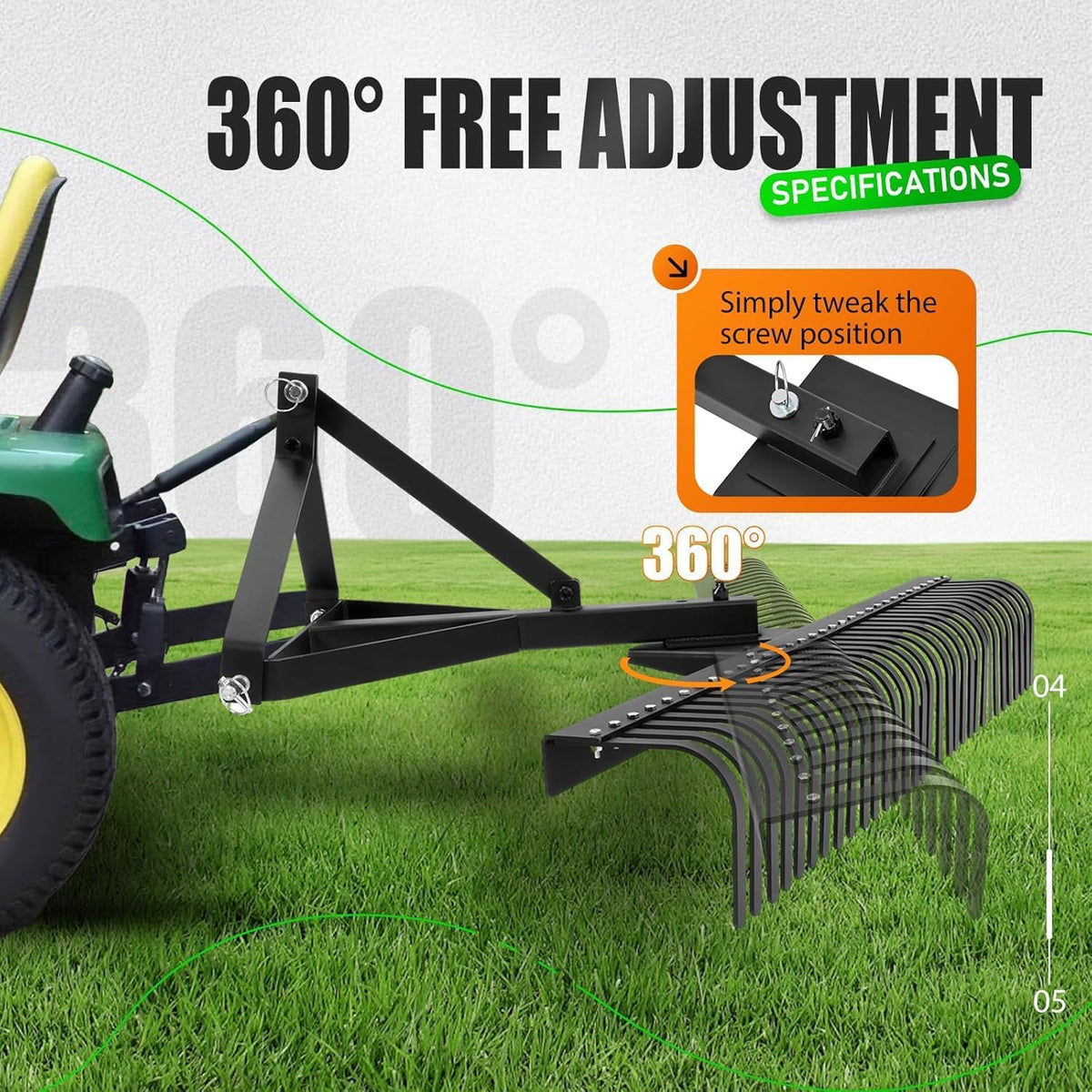 KUAFU 60" Landscape Rake, 3 Point Rake 360 Rotation Compatible with Category 1 Cat1 Compact