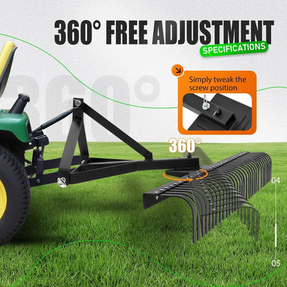 KUAFU 60" Landscape Rake, 3 Point Rake 360 Rotation Compatible with Category 1 Cat1 Compact