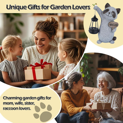 Raccoon Garden Statue with Solar Lantern, Cute Raccoon Figurine Light with Welcome Sign and Bird