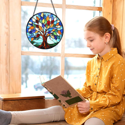 kdqua Tree of Life Suncatcher Stained Glass Window Hanging, Sun Catchers Indoor Window Glass Round