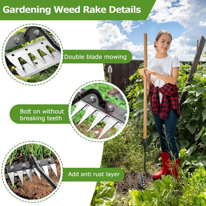 Gardenia Iron Weeding Rake, 2.0 Iron Weeding Rake with Long Handle, 6 Teeth Heavy Duty Puller Tools