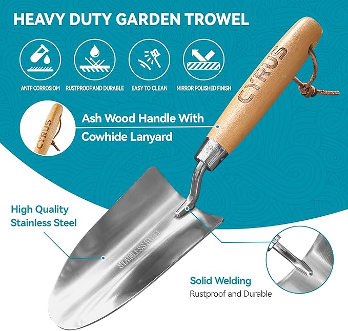 CYRUS 12.6”Garden Trowel,Heavy Duty Large Size Stainless Steel Garden Shovel with Ash Wood