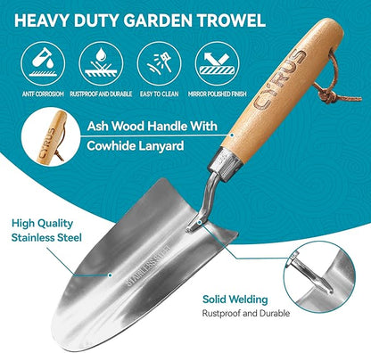 CYRUS 12.6”Garden Trowel,Heavy Duty Large Size Stainless Steel Garden Shovel with Ash Wood