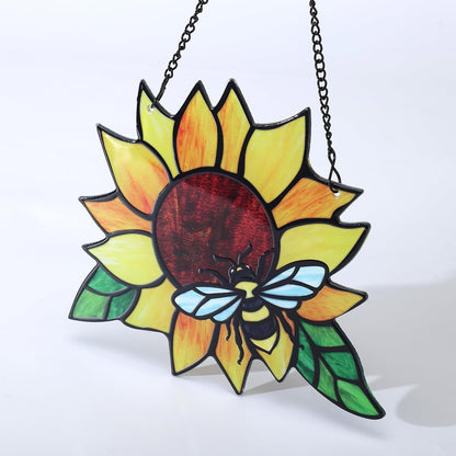 Stained Glass Suncatcher, Sunflower and Ladybug Window Hanging, Hand-Painted (Style 3)