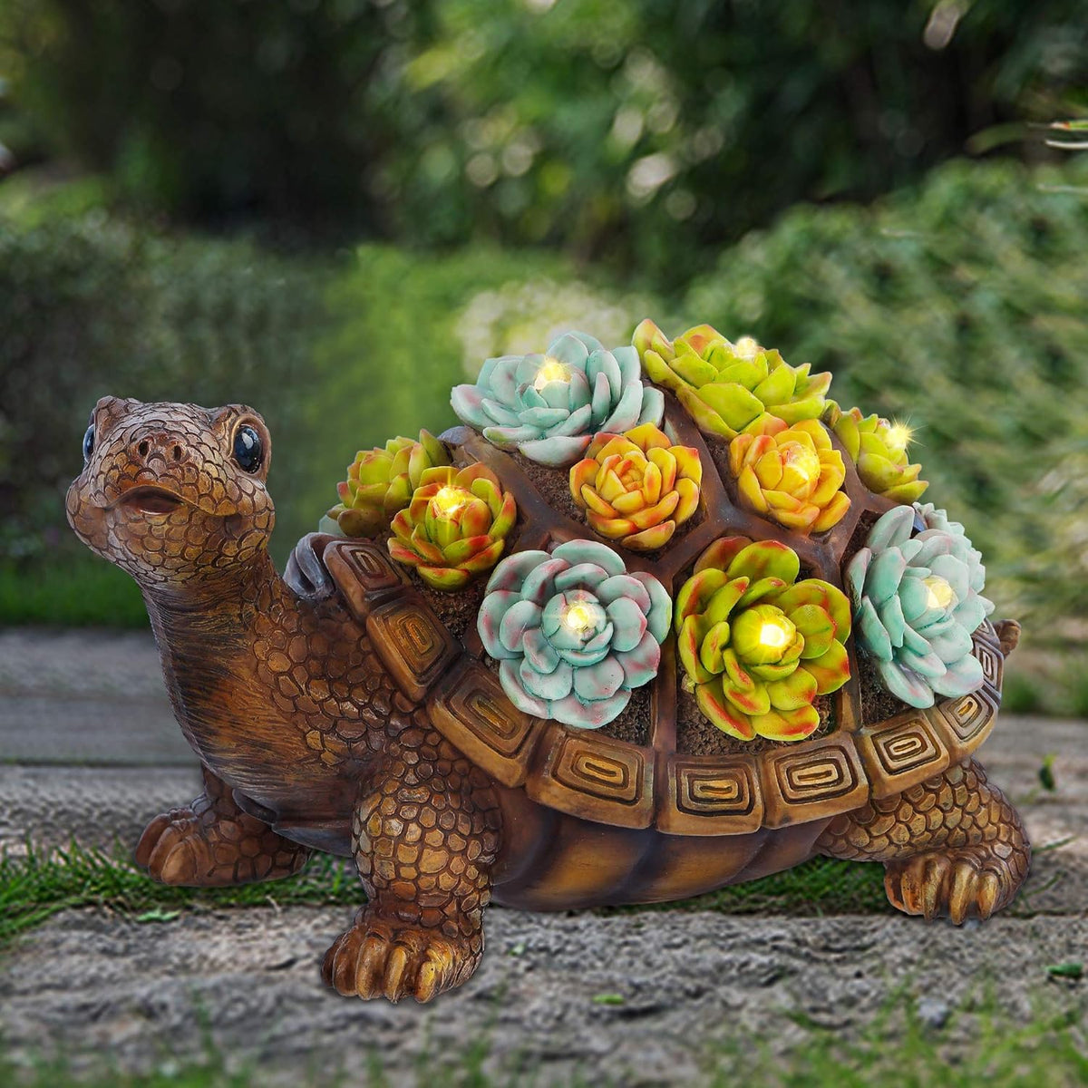 FORUP Turtle Garden Statue, Resin Turtle Figurine Garden Lawn Ornaments with Solar LED Lights for