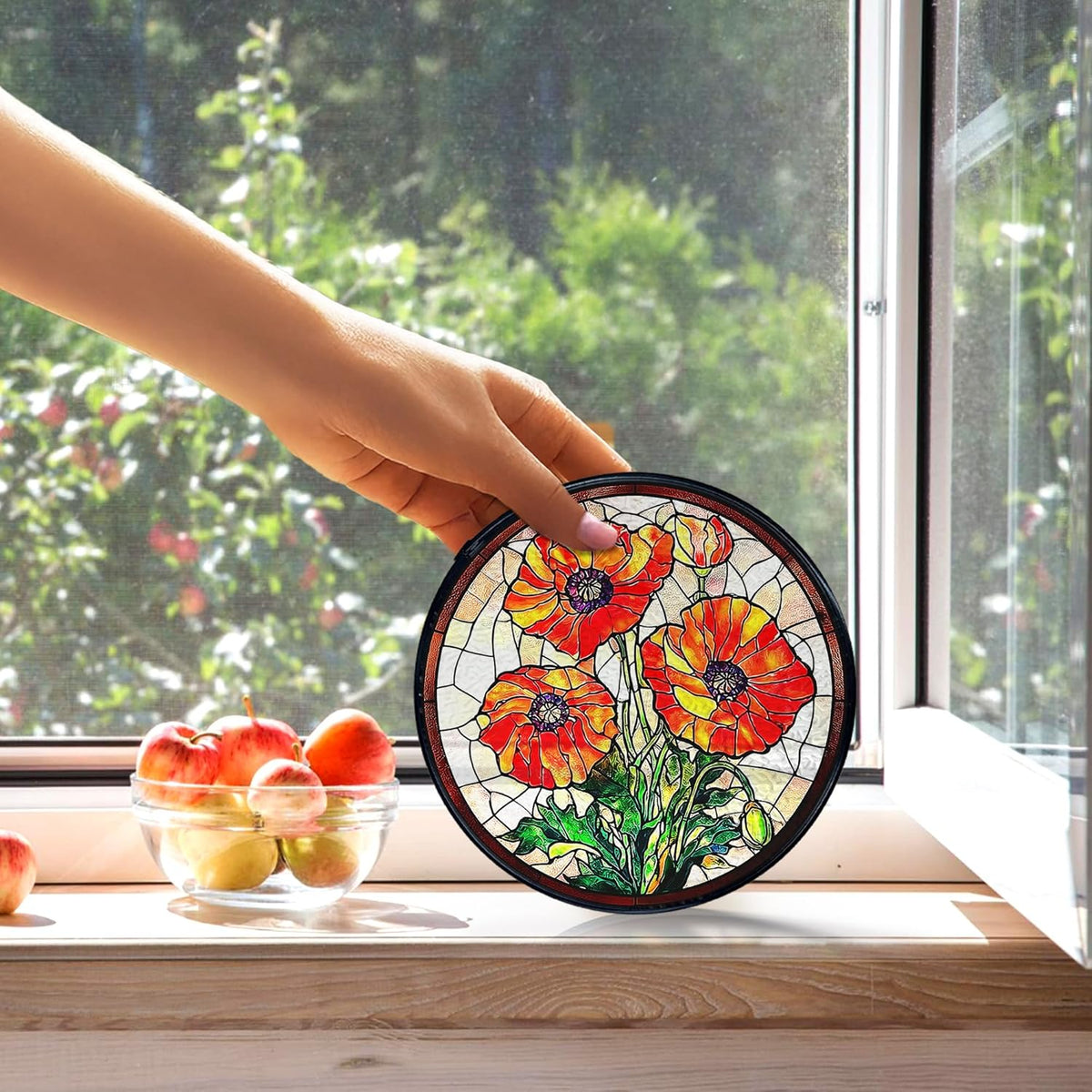 kdqua Poppy Flower Suncatcher Stained Glass Window Hanging, Poppy Flower Gifts Sun Catchers Indoor