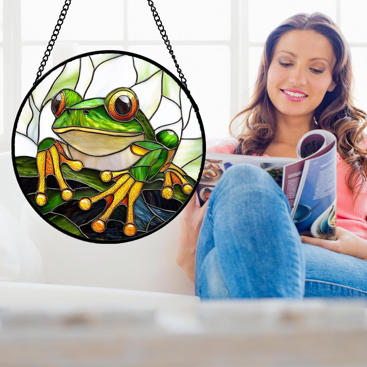 Stained Glass Window Hanging, Green Frog White Petals Sun Catchers Colorful Glass Panel Cute