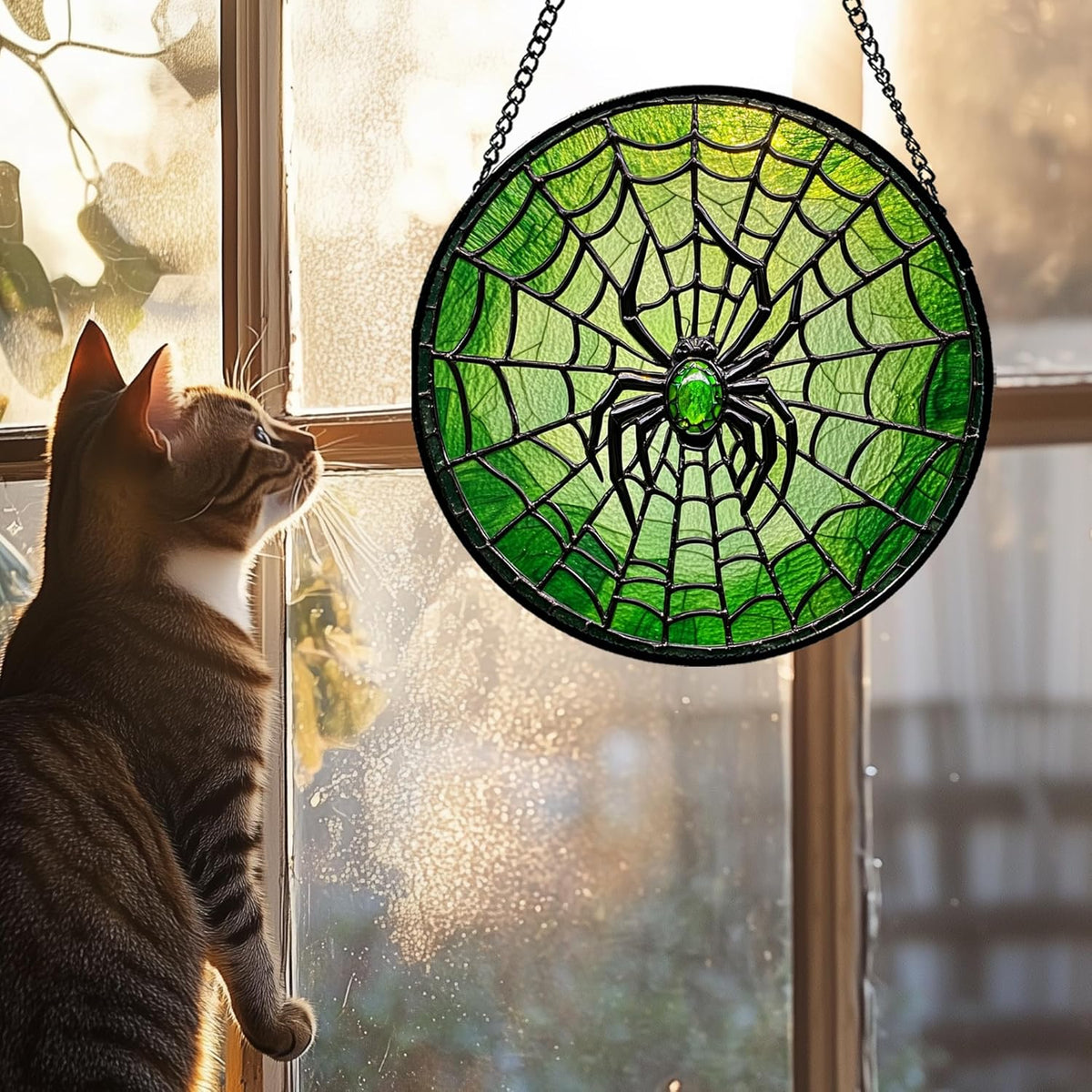Stained Glass Window Hanging - Black Green Horror Spider Web Suncatcher for Doors Garden Patio Sun