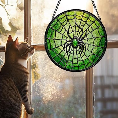 Stained Glass Window Hanging - Black Green Horror Spider Web Suncatcher for Doors Garden Patio Sun