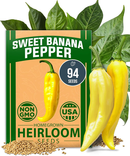 HOME GROWN 𝗨𝗦𝗔 𝗣𝗥𝗘𝗠𝗜𝗨𝗠 Banana Pepper Seeds Pack – 94 𝗡𝗢𝗡-𝗚𝗠𝗢 Heirloom Vegetable