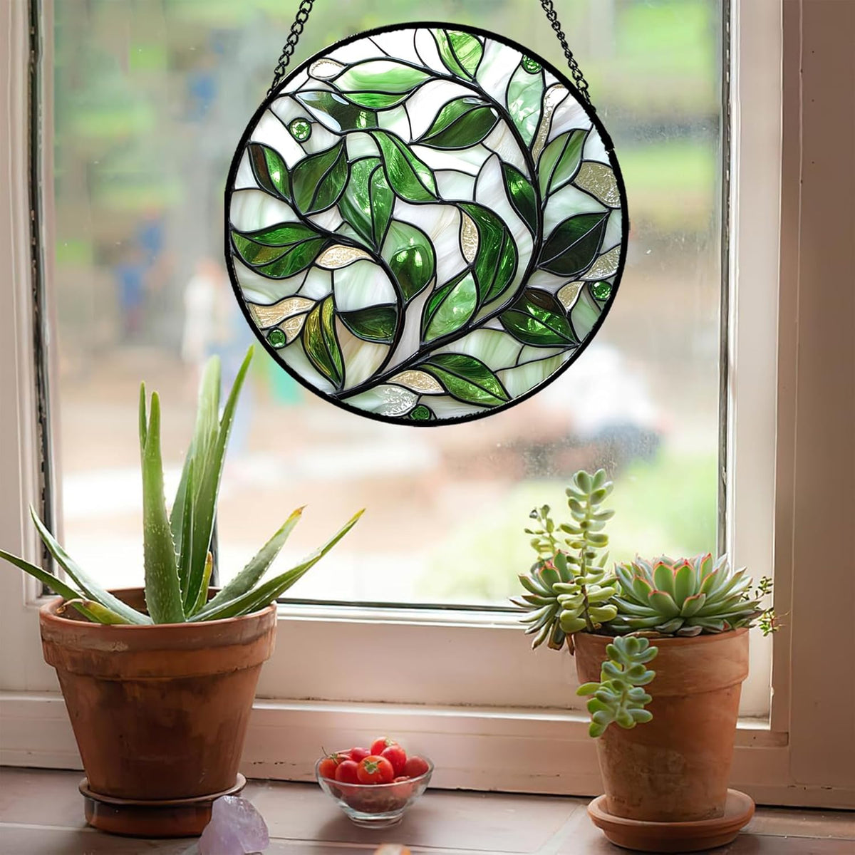 Stained Glass Window Hanging - White Green Leaves Suncatcher for Doors Window Home Plant Sun