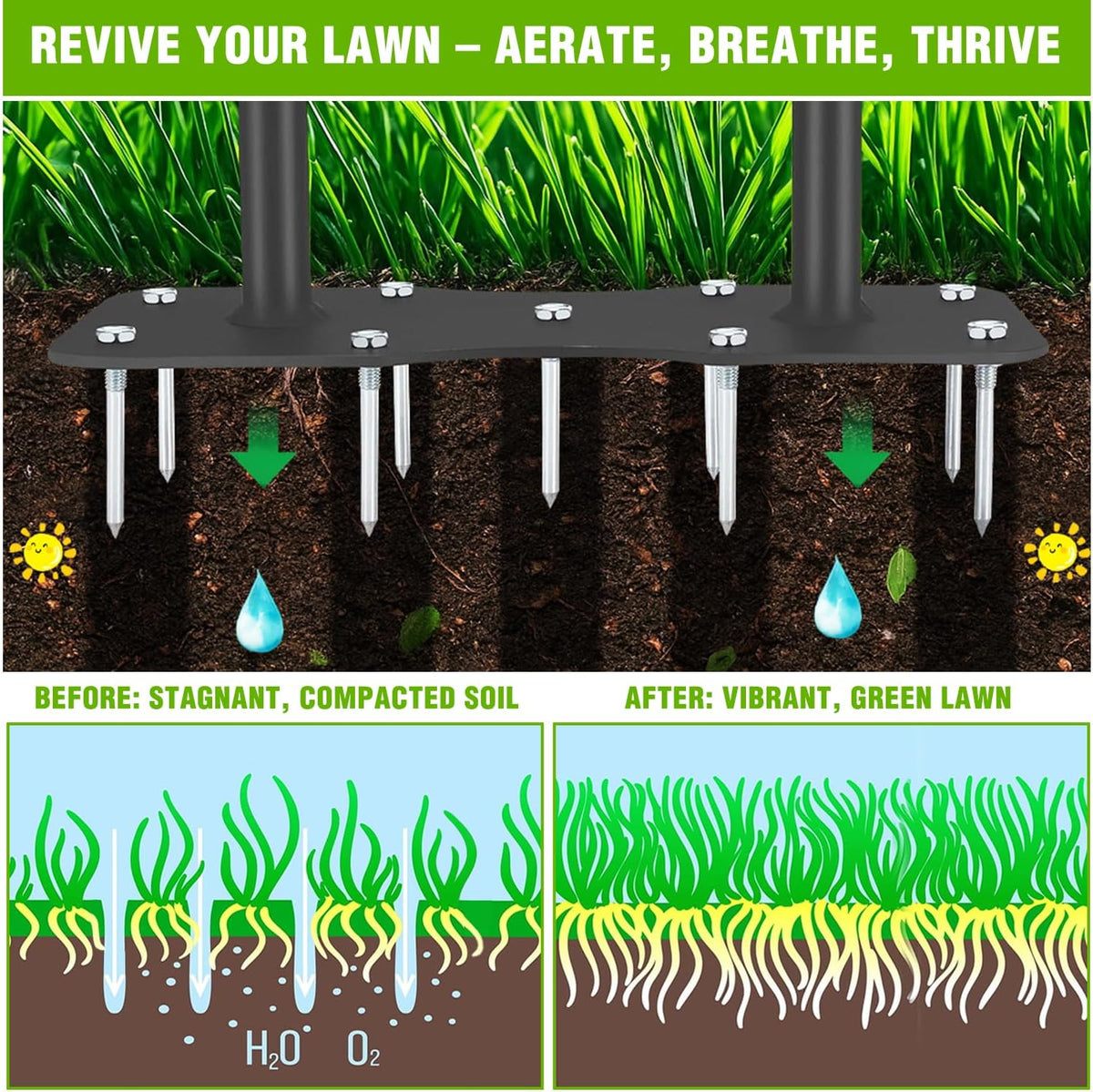 Yesker Lawn Aerator Spike Tool – Manual Metal Soil Aerator with 9 Iron Spikes, Dethatching Lawn