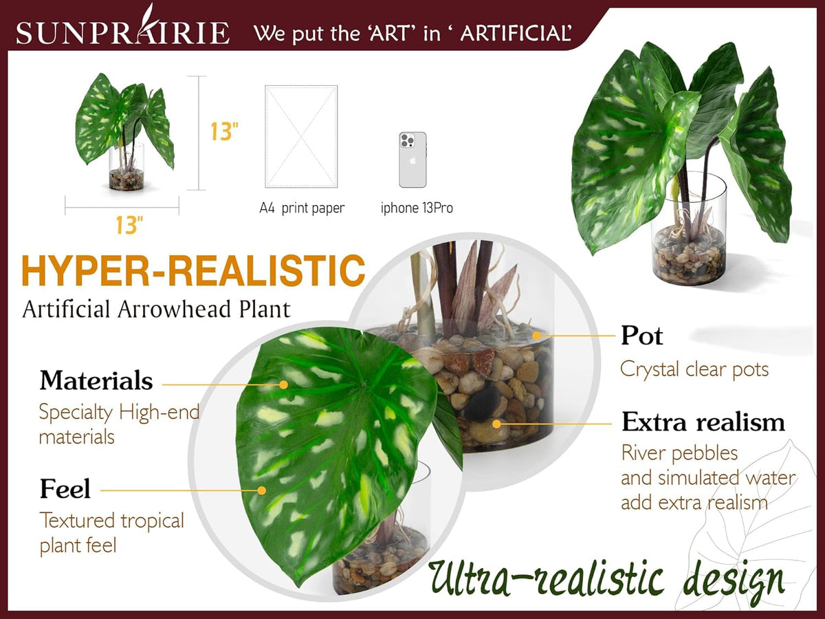 SUNPRAIRIE Tropical Artificial Plant in Clear Pot with Artificial Water, Wide Arrowhead Leaves.