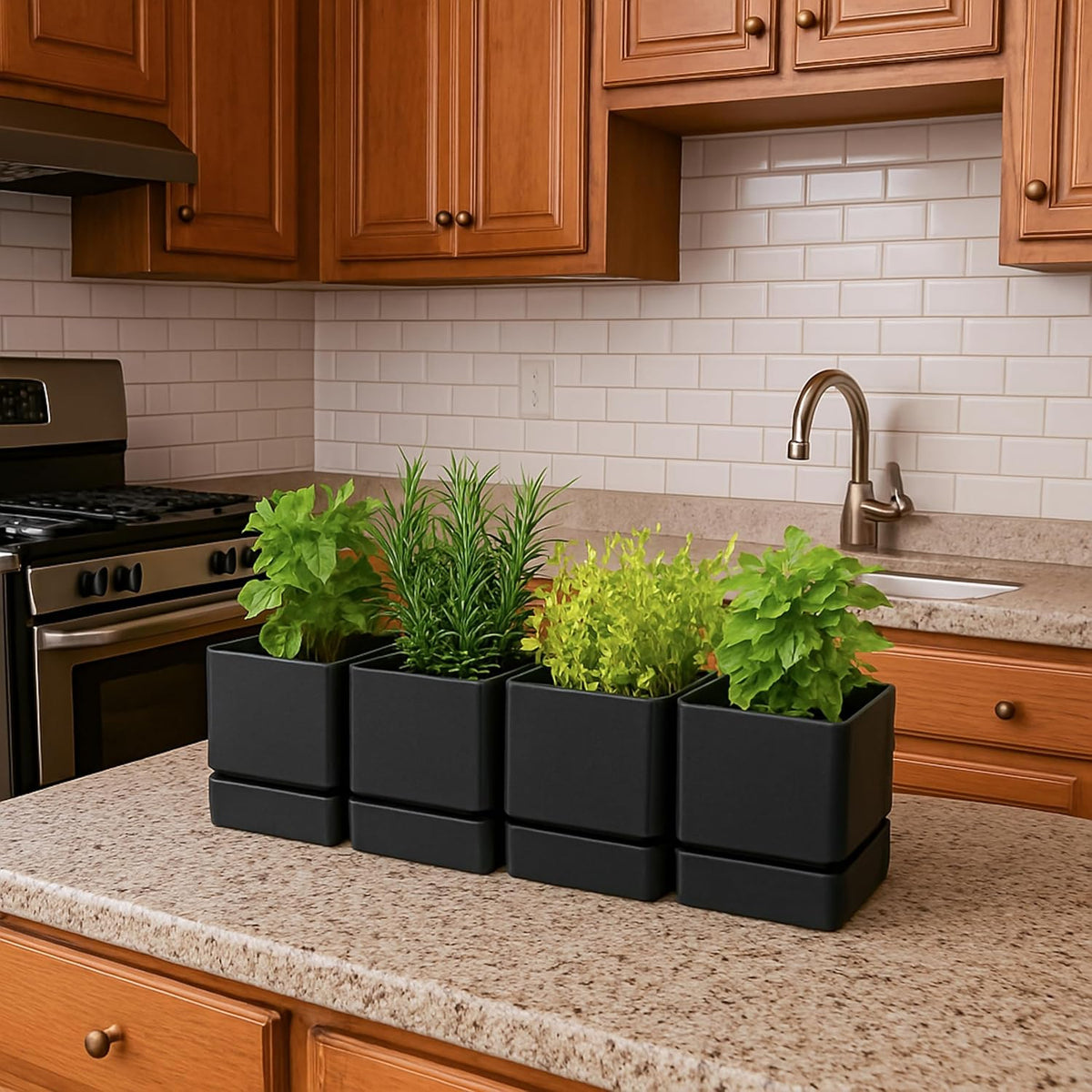 4 Inch Herb Planter Pot, Plastic Planter with Drainage Holes and Saucer, Modern Decorative