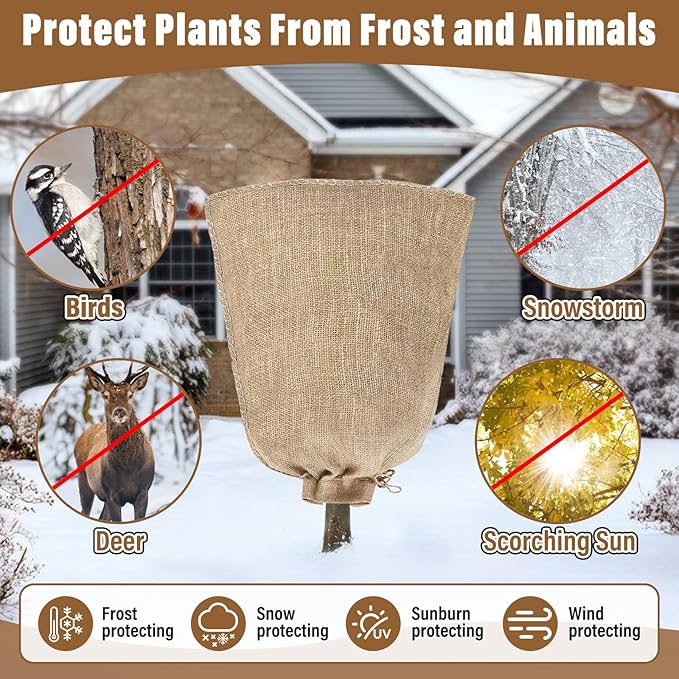 Riare 2 Packs 40 × 47 Inch Burlap Winter Plant Cover Bags with Drawstring- Reusable Large Burlap