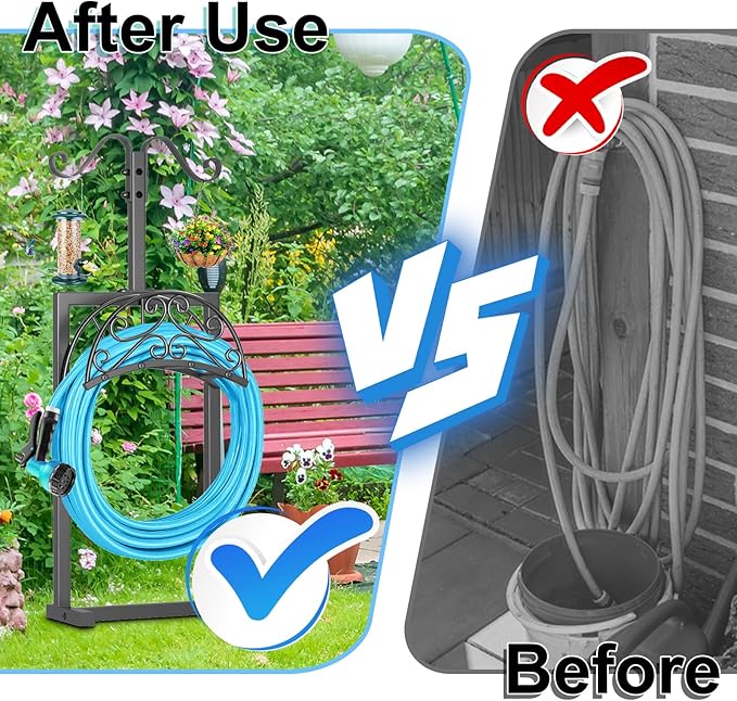 Garden Hose Holder Hanger Freestanding, Upgraded 4 Spikes Heavy Duty Storage Reel Stand with