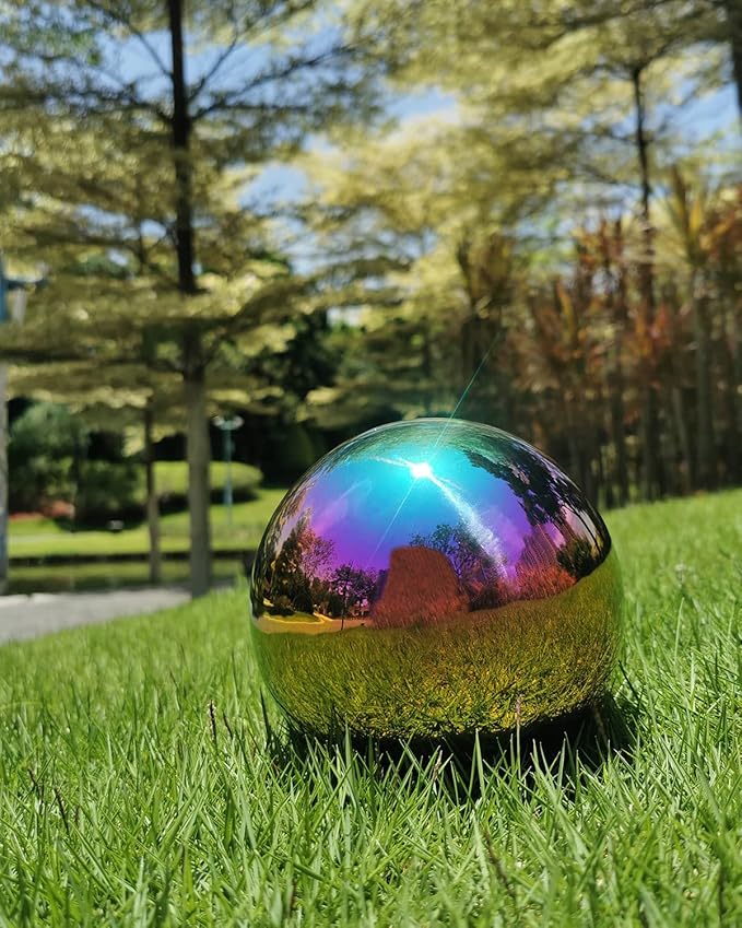 Rainbow Gazing Globe Mirror Ball in Stainless Steel, Shiny Hollow Sphere Sparkling Housewarming