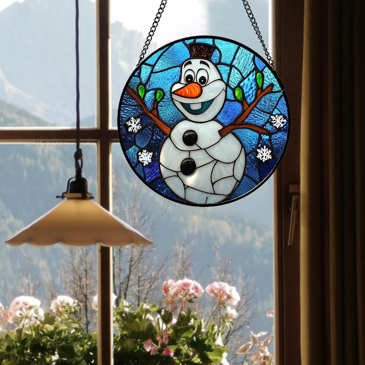 Stained Glass Window Hanging Christmas Funny Snowman 6.3" - Suncatcher Door Garden Blue White