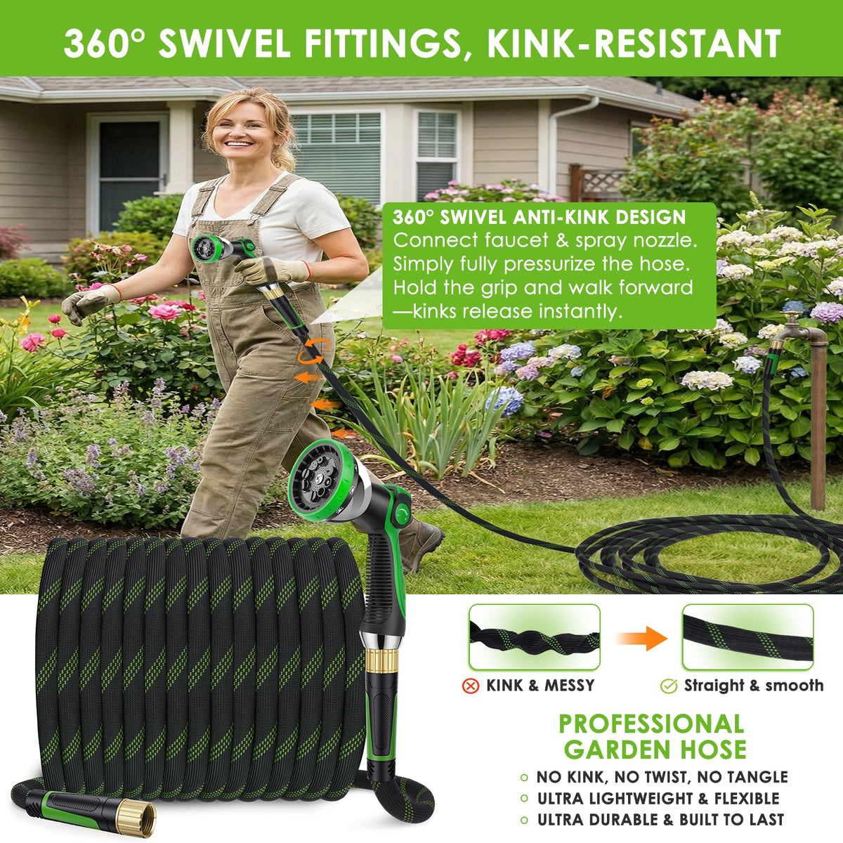 HORTICORA Garden Hose 100 ft, Non-Expandable Ultra-Lightweight Flexible Hose with 360° Dual-End