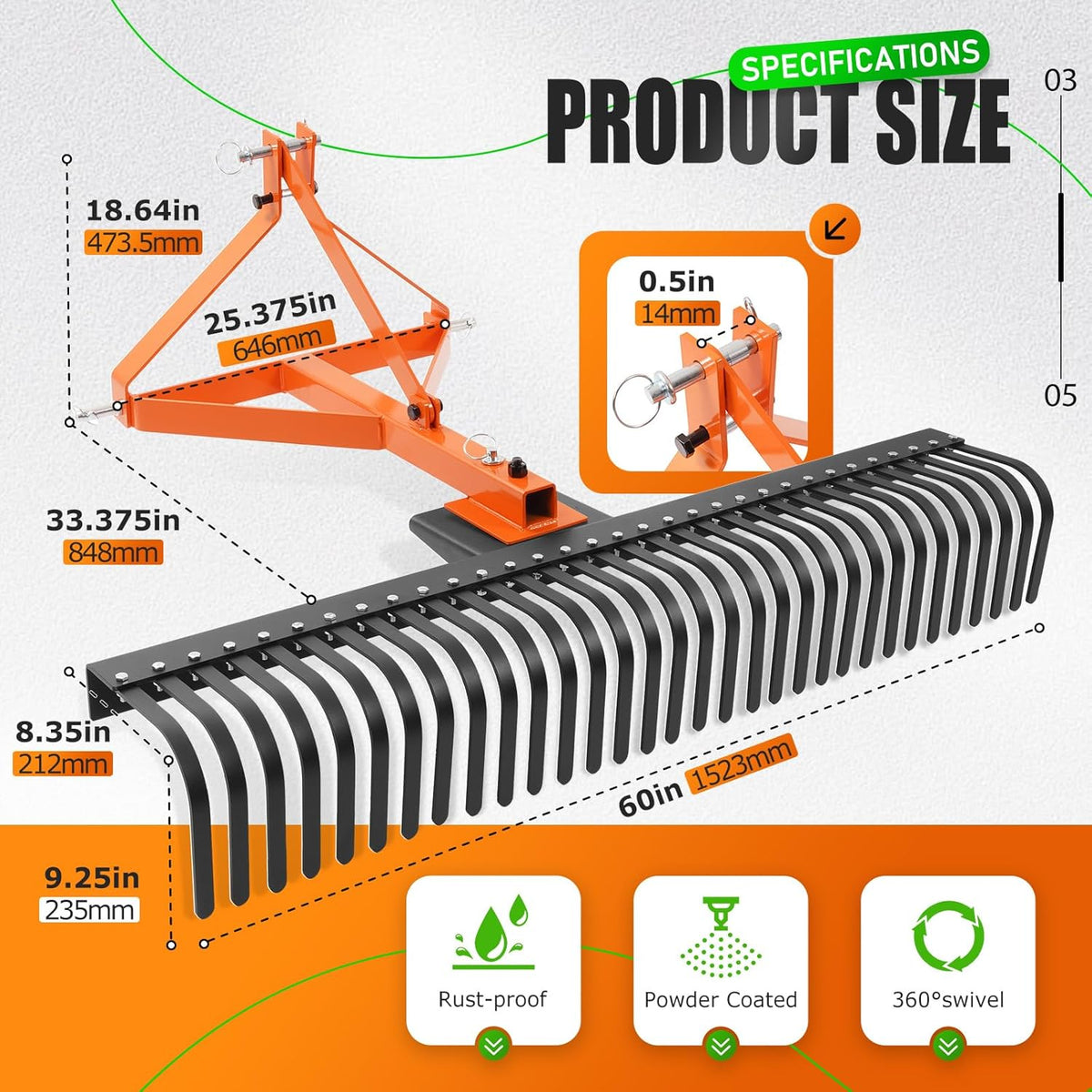 KUAFU 60 in Landscape Rake, 3 Point Rake Compatible with Category-1 Tractor, 360 Degree Rotation