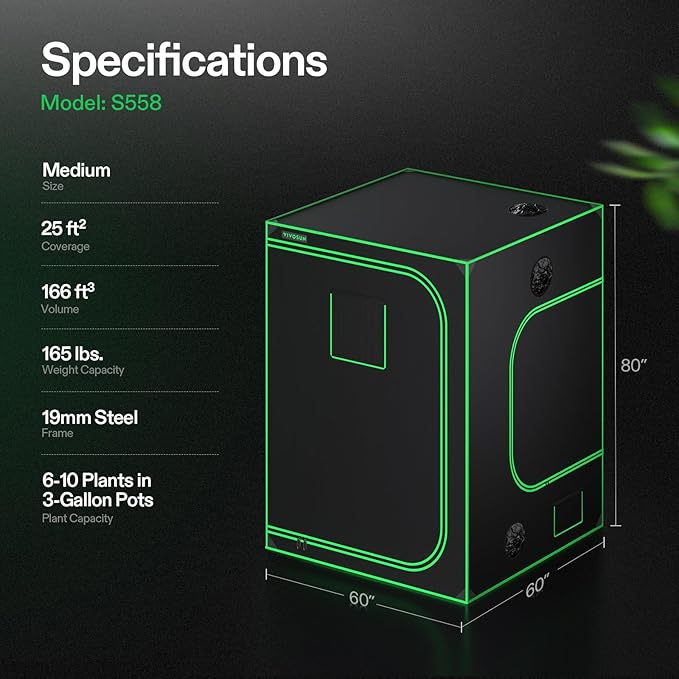 VIVOSUN S558 5x5 Grow Tent, 60"x60"x80" High Reflective Mylar with Observation Window and Floor
