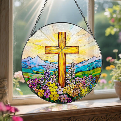 8 Inch Cross Wildflower Stained Glass Suncatcher, Christian Stained Glass Window Hanging, Religious