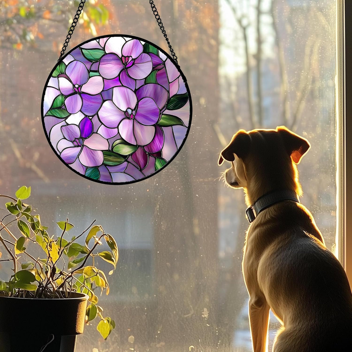 Stained Glass Window Hanging 4 Pcs Set Purple Flower Theme Large 11.8" - Tulip Suncatcher Door