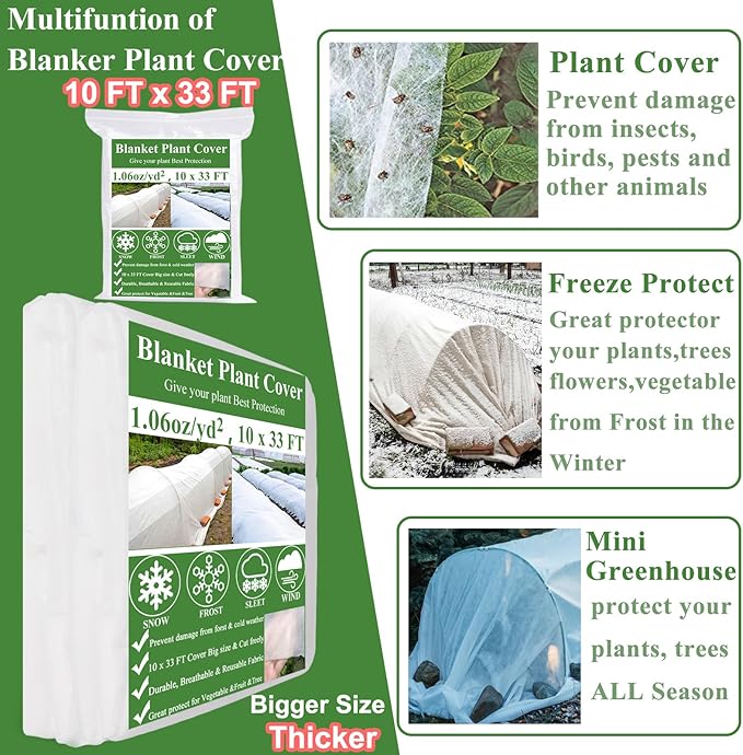 Plant Covers Freeze Protection 10 x 33Ft with 20 Stainless Steel Clips- Frost Cloths Plant Blankets