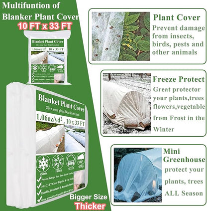 Plant Covers Freeze Protection 10 x 33Ft with 20 Stainless Steel Clips- Frost Cloths Plant Blankets