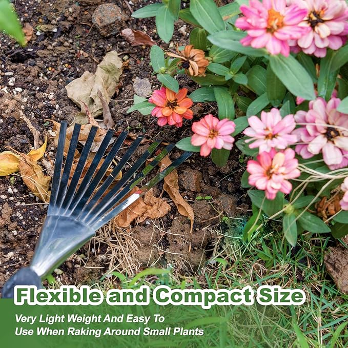 Haliaeetus Garden Hand Rake, 14.6'' Small Rake for Tight Areas, 9 Tines Stainless Steel with