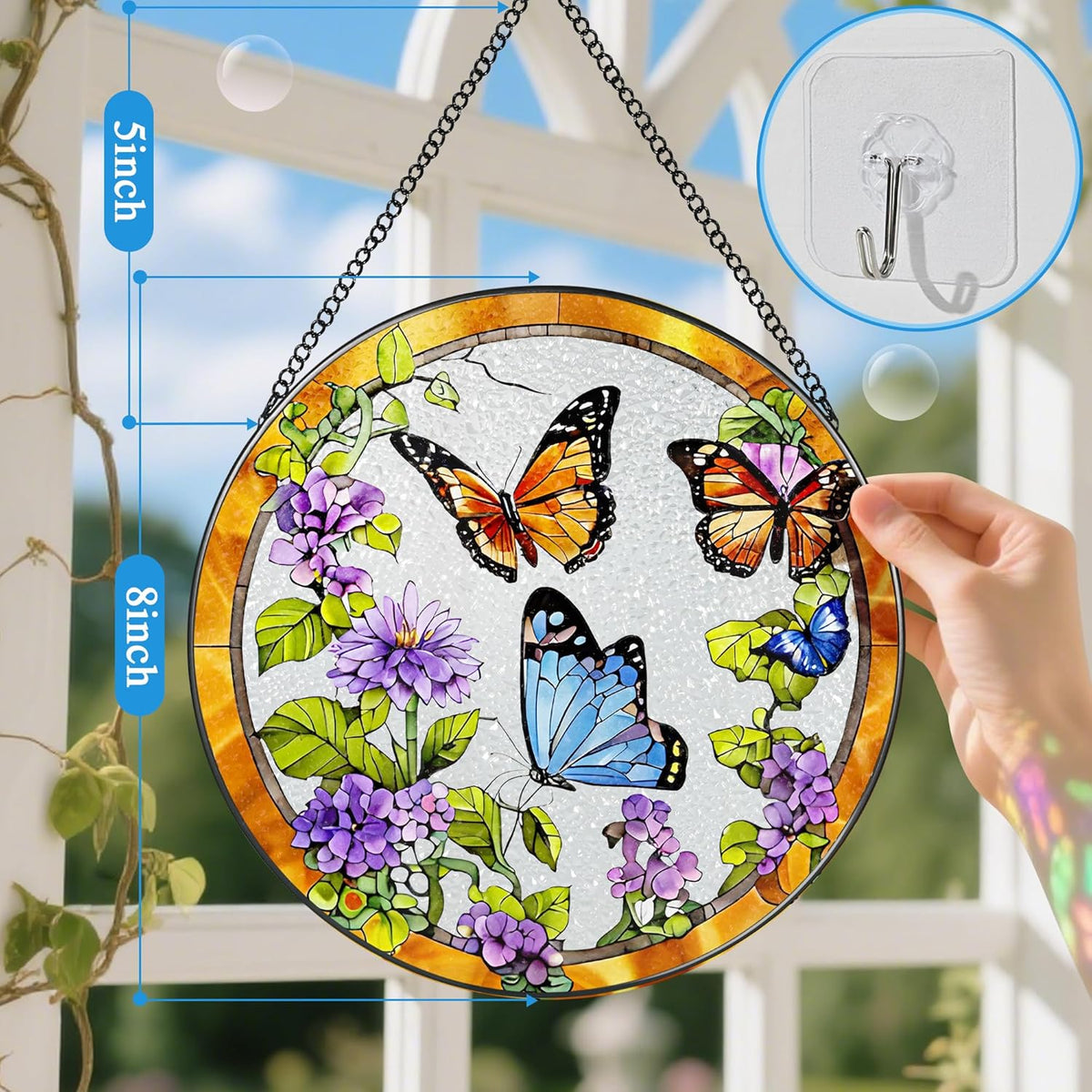 Stained Glass Window Hanging, 8 Inch Sun Catchers Indoor Window, Butterfly Suncatchers for Windows