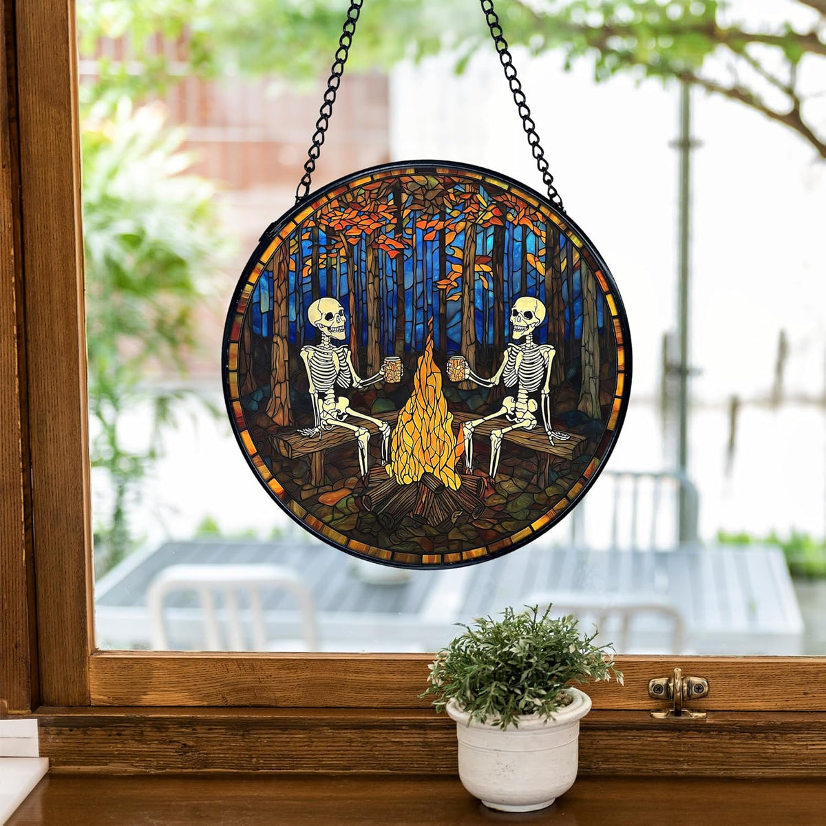 TNUW Halloween Fall Skeleton Stained Glass Window Hanging, Gothic Skeleton Autumn SunCatchers