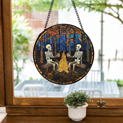 TNUW Halloween Fall Skeleton Stained Glass Window Hanging, Gothic Skeleton Autumn SunCatchers