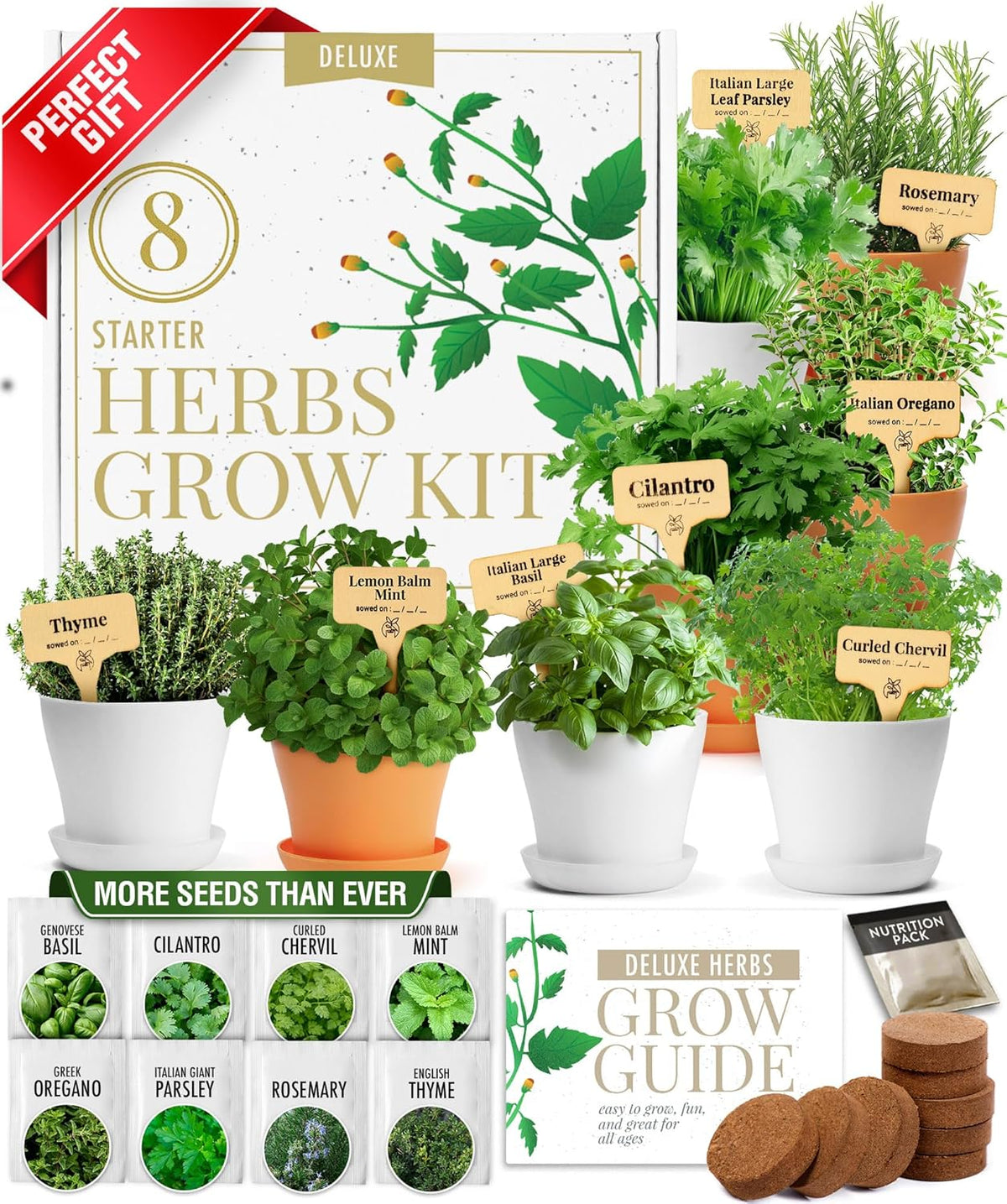 HOME GROWN 𝗣𝗥𝗘𝗠𝗜𝗨𝗠 𝗛𝗘𝗥𝗕 𝗞𝗜𝗧 8 Herb Seeds Garden Kit, Complete Indoor Planter Gift